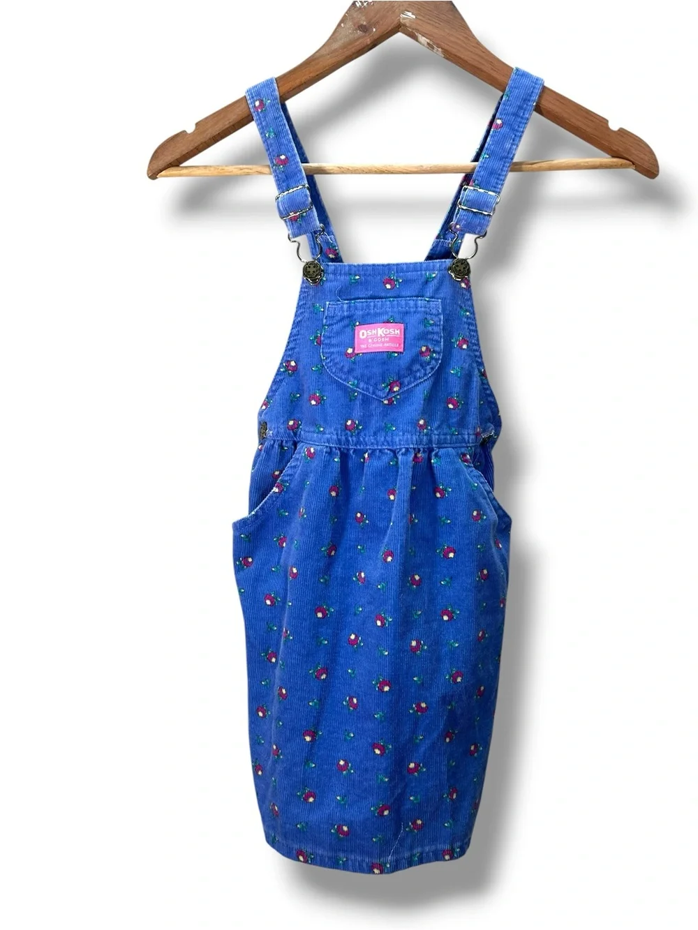Vintage 80s OshKosh B'gosh Blue Floral Corduroy Overall Dress Size 6